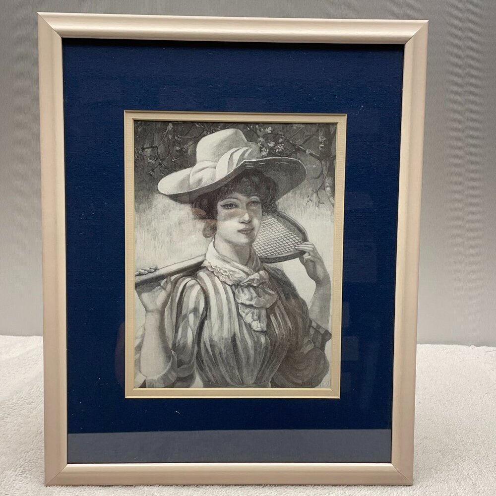 VGUC Framed "The First Day of the Season" Tennis Sketch, Pink Frame, 12" x 15"